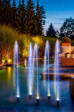 Gartenfotografie Garten mit Wasserspiel Wasserfontänen beleuchtet